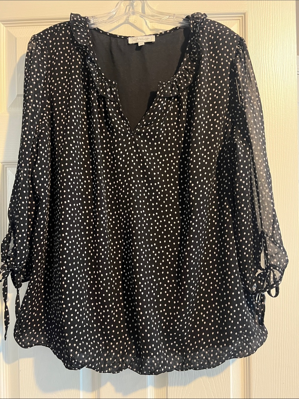 Black Polka Dot Ruffle-Neck Blouse